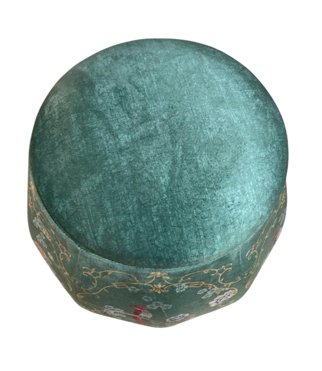 Pouf Contenitore in Velluto di Lusso Rotondo con Coperchio Verde Uccelli D43xA43cm
