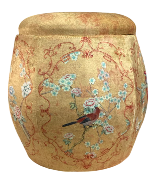 Velours Poef met Opbergruimte Rond Geel Vogels Handgemaakt D43xH43cm