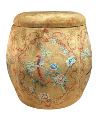 Fine Asianliving Velours Poef met Opbergruimte Rond Geel Vogels Handgemaakt D43xH43cm