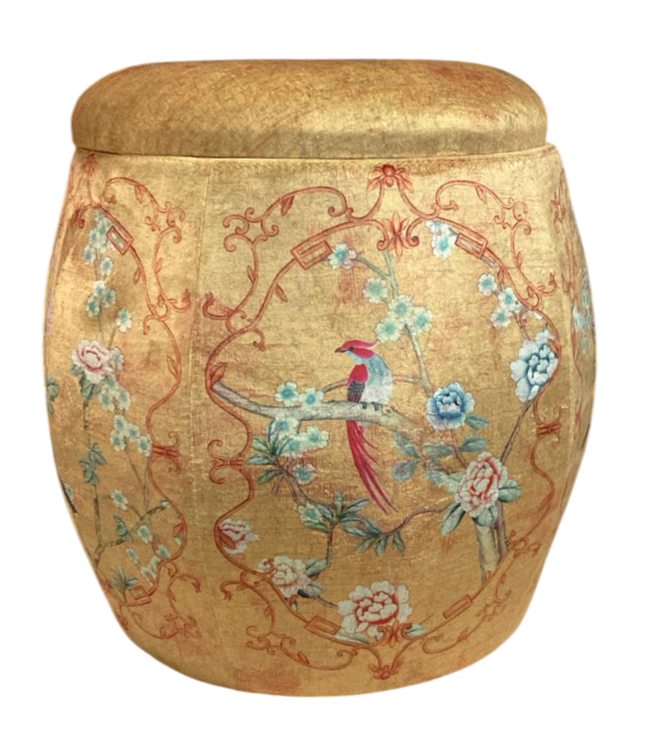Pouf de Rangement Rond en Velours avec Couvercle Jaune Oiseaux D43xH43cm