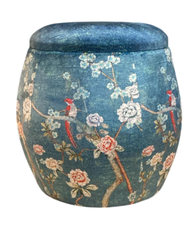 Pouf de Rangement Rond en Velours avec Couvercle Bleu Oiseaux D43xH43cm
