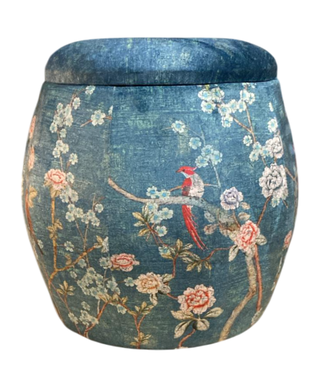 Fine Asianliving Velours Poef met Opbergruimte Rond Blauw Vogels Handgemaakt D43xH43cm