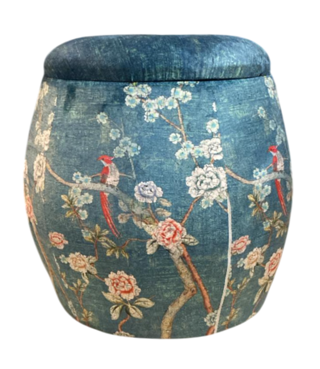 Velours Poef met Opbergruimte Rond Blauw Vogels Handgemaakt D43xH43cm