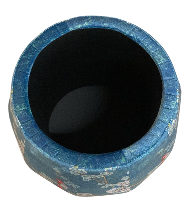 Velours Poef met Opbergruimte Rond Blauw Vogels Handgemaakt D43xH43cm