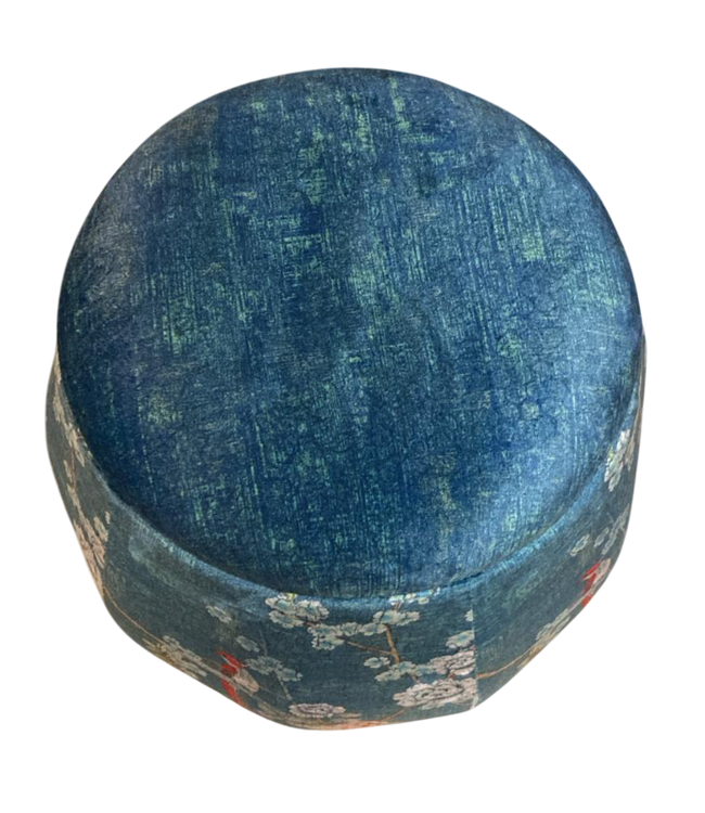 Samt Aufbewahrungshocker mit Deckel Runder Pouf Blau Vogelmotiv D43xH43cm