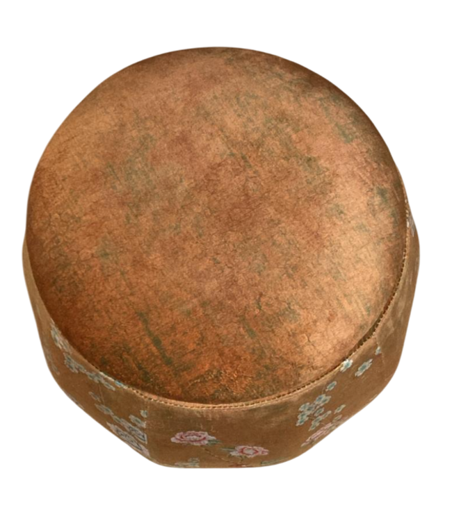 Velvet Storage Ottoman Round Pouffe Brown Taupe Birds Handmade D43xH43cm
