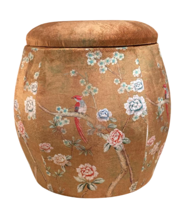 Samt Aufbewahrungshocker mit Deckel Runder Pouf Braun Taupe Vogelmotiv D43xH43cm