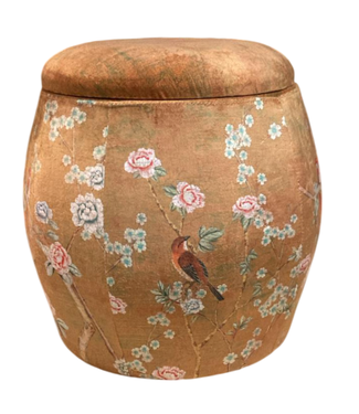 Fine Asianliving Velours Poef met Opbergruimte Rond Bruin Vogels Handgemaakt D43xH43cm