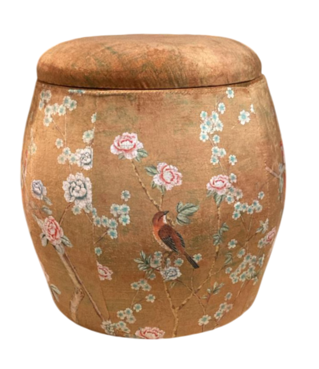 Velvet Storage Ottoman Round Pouffe Brown Taupe Birds Handmade D43xH43cm