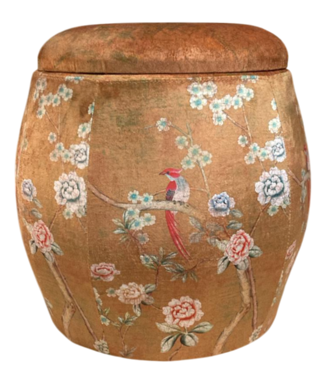 Samt Aufbewahrungshocker mit Deckel Runder Pouf Braun Taupe Vogelmotiv D43xH43cm
