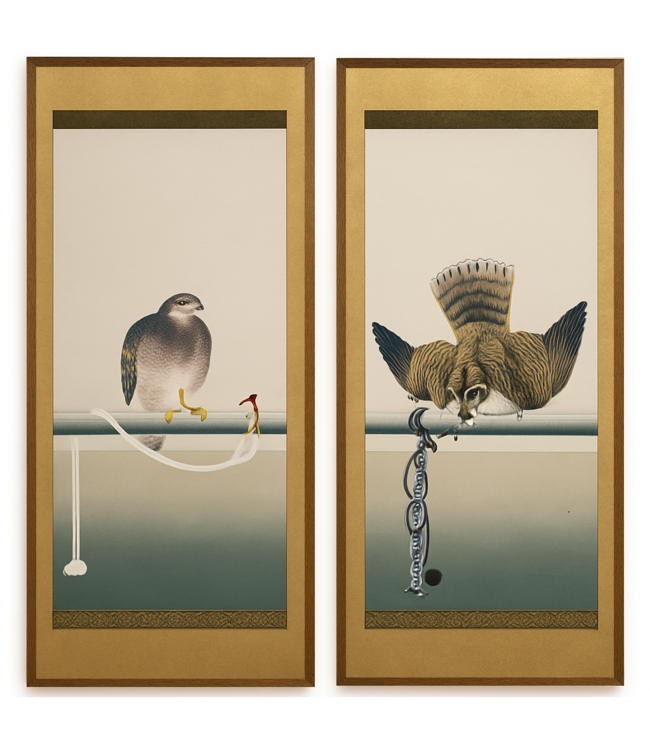 Chinees Schilderij Vogels Bladgoud Set/2 B37xH94cm