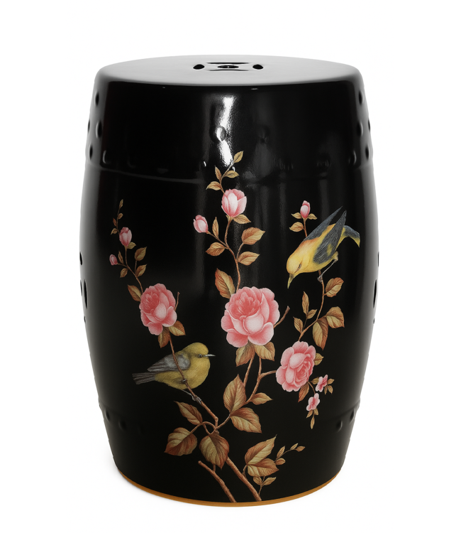 Sgabello in Ceramica Nero Peonie Fatto a Mano - Yara D30xA45cm