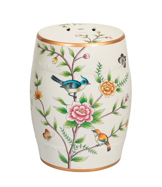 Fine Asianliving Sgabello in Ceramica Bianco Uccelli Fatto a Mano - Olenna D30xH45cm
