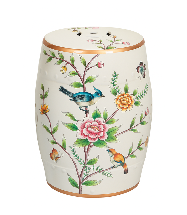 Keramik Hocker Weiß Vögel Handgefertigt - Olenna D30xH45cm