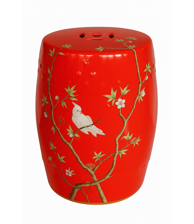Taburete de Cerámica Rojo Loros Handmade - Kaelin D30xAl45cm