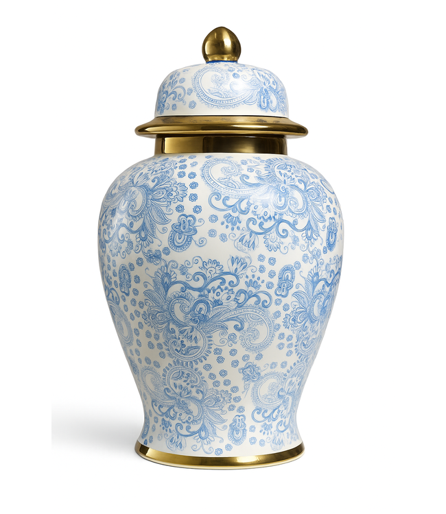 Pot à Gingembre Chinois Porcelaine Bleu Blanc Or Doré Floral Fait Main D18xH35cm