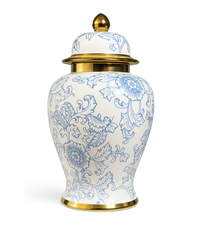 Pot à Gingembre Chinois Porcelaine Bleu Blanc Or Pivoines Fait Main D22xH40cm