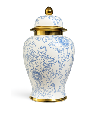 Fine Asianliving Pot à Gingembre Chinois Porcelaine Bleu Blanc Or Pivoines Fait Main D18xH35cm