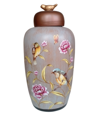 Fine Asianliving Chinese Ginger Jar Porcelain Beige Birds Handmade D19xH36cm