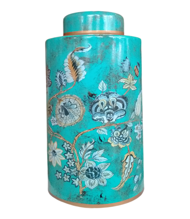 Tarro de Jengibre Chino Porcelana Turquesa con Acento Dorado Flores Hecho a Mano D17xAl33cm