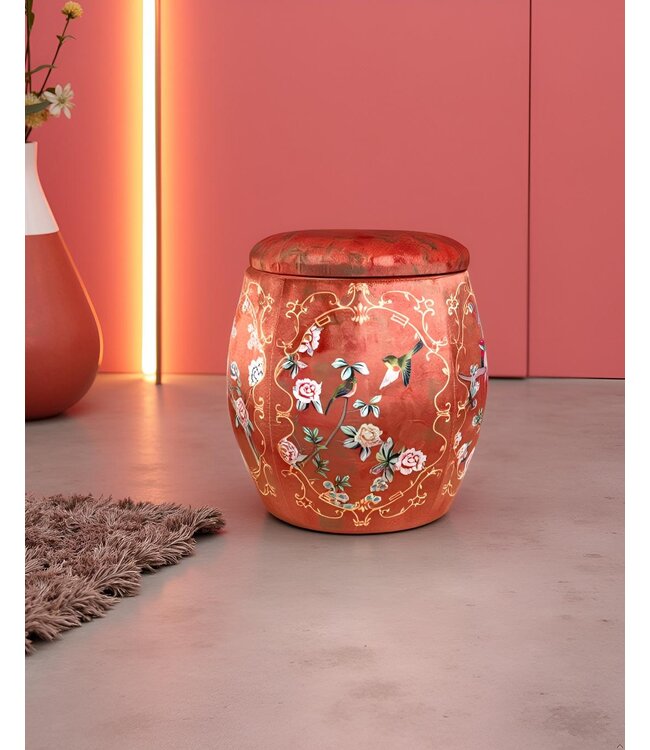 Velvet Storage Ottoman Round Pouffe Red Birds Handmade D43xH43cm
