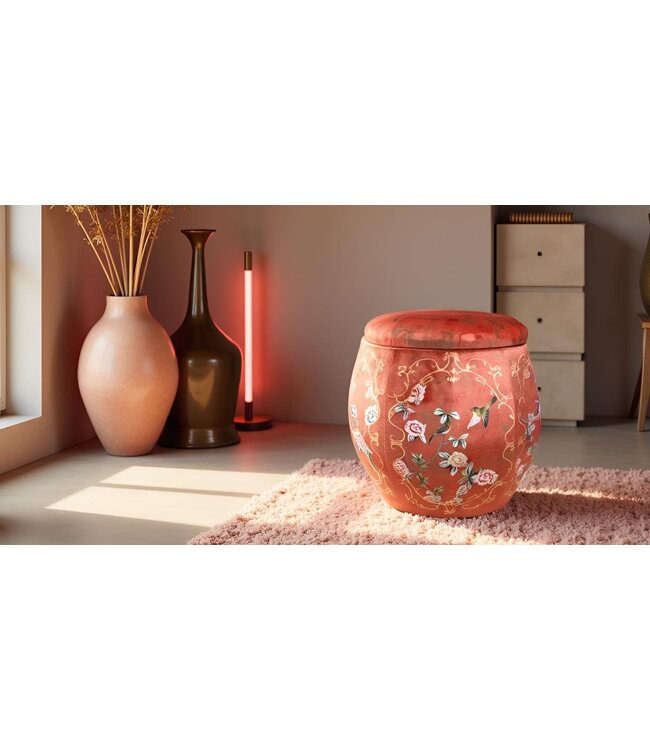 Puf de Terciopelo Redondo con Almacenamiento y Tapa Rojo Pájaros D43xAl43cm