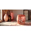 Velours Poef met Opbergruimte Rond Rood Vogels Handgemaakt D43xH43cm