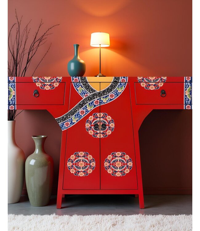 Chinese Kimono Kast Handgeschilderd Rood B120xD35xH87cm