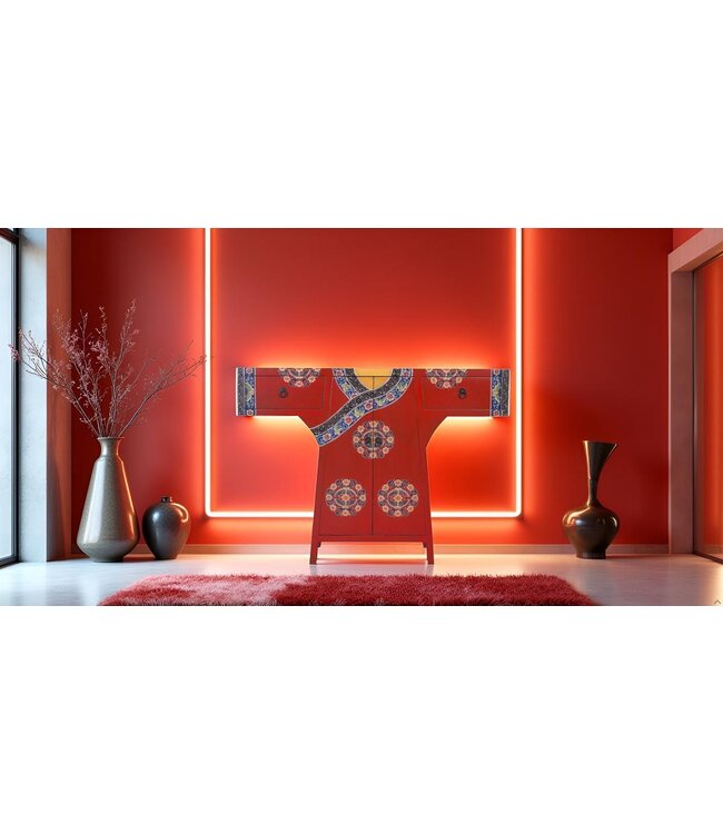 Mobile Kimono Cinese Dipinto A Mano Rosso L120xP35xA87cm