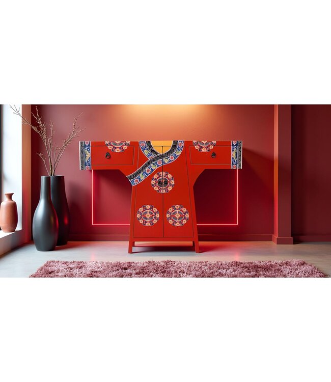 Chinese Kimono Kast Handgeschilderd Rood B120xD35xH87cm