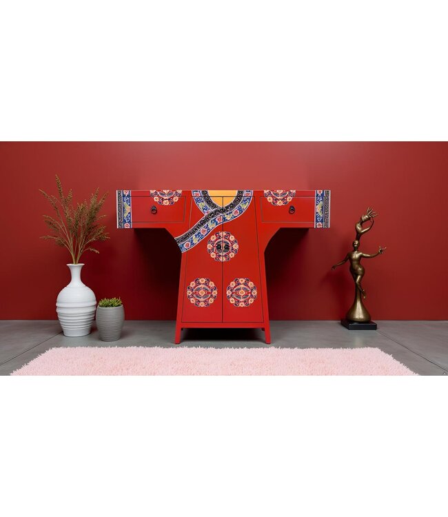Chinesischer Kimono Schrank Handbemalt Rot  B120xT35xH87cm