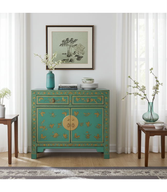 Chinese Cabinet Dusty Turquoise Butterflies Hand-Painted - Orientique Collection W90xD40xH80cm
