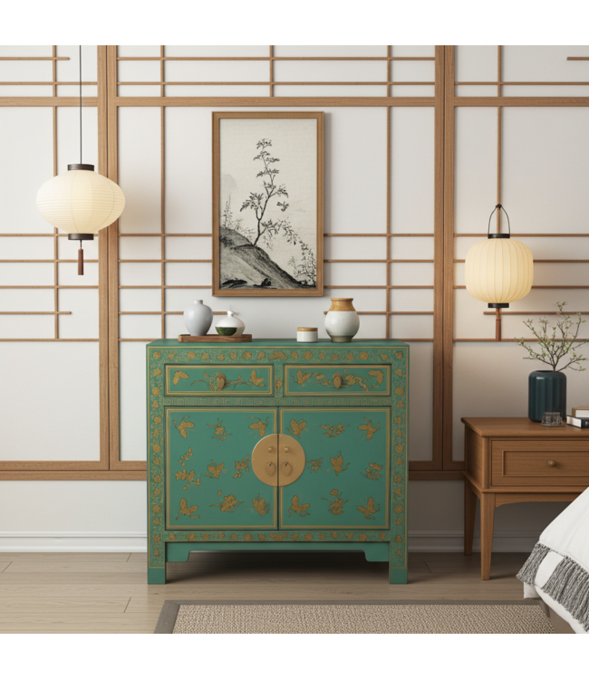 Chinese Cabinet Dusty Turquoise Butterflies Hand-Painted - Orientique Collection W90xD40xH80cm