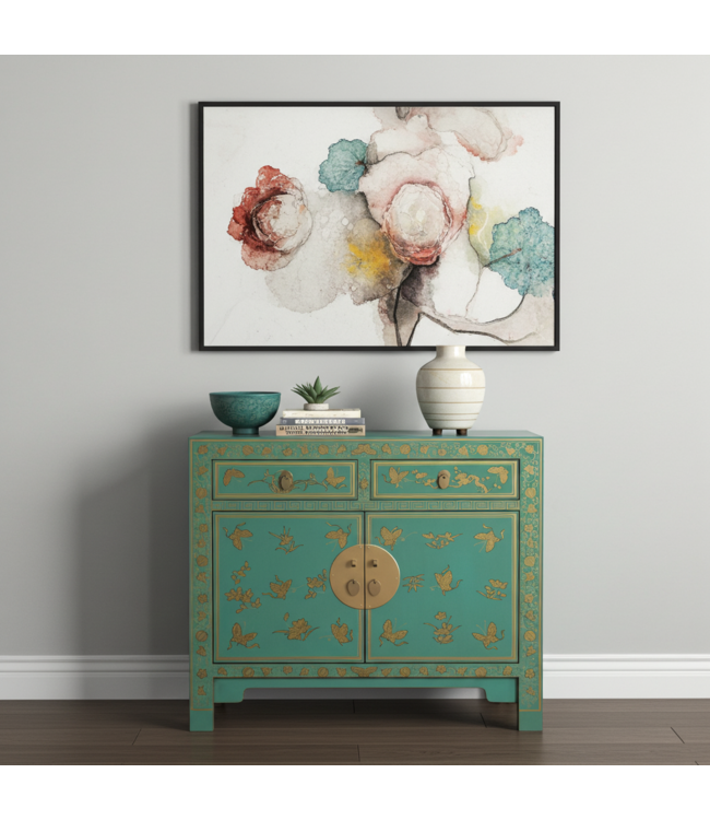 Chinese Cabinet Dusty Turquoise Butterflies Hand-Painted - Orientique Collection W90xD40xH80cm