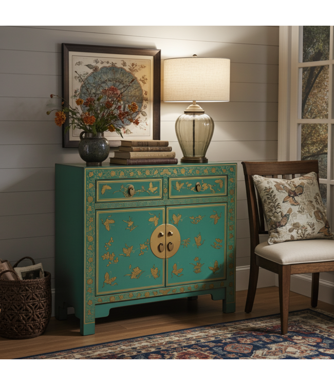 Armadio Cinese Dusty Turquoise Farfalle Dipinto a Mano - Orientique Collezione L90xP40xA80cm