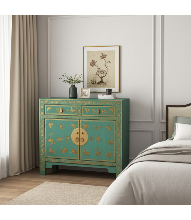 Armoire Chinoise Dusty Turquoise Papillons Peint à la Main - Orientique Collection L90xP40xH80cm