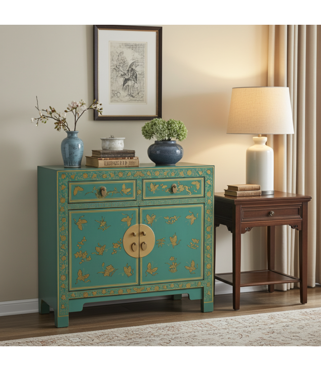 Armadio Cinese Dusty Turquoise Farfalle Dipinto a Mano - Orientique Collezione L90xP40xA80cm