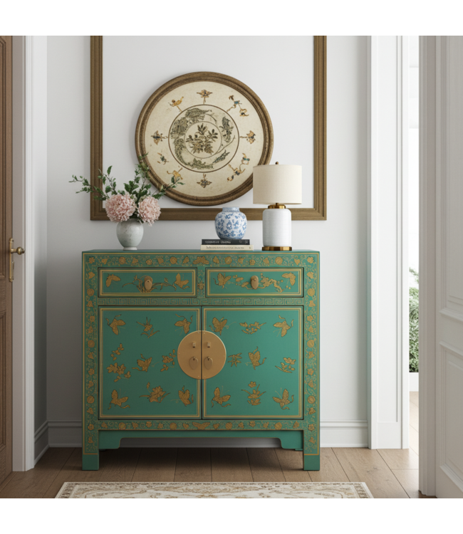 Chinese Kast Dusty Turquoise Vlinders Handbeschilderd - Orientique Collectie B90xD40xH80cm