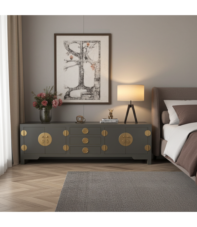 Meuble TV Chinois Gris Olive - Orientique Collection L175xP47xH54cm