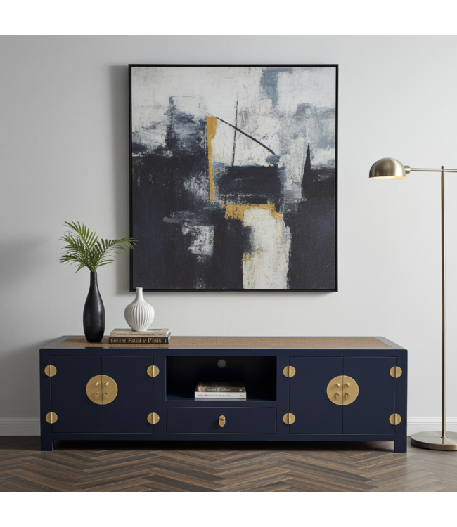 Mueble TV Chino con Bambú Trenzado a Mano Azul Noche An190xP56xAl56cm