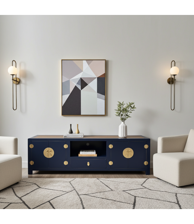 Meuble TV Chinois Bambou Tressé Bleu Nuit L190xP56xH56cm