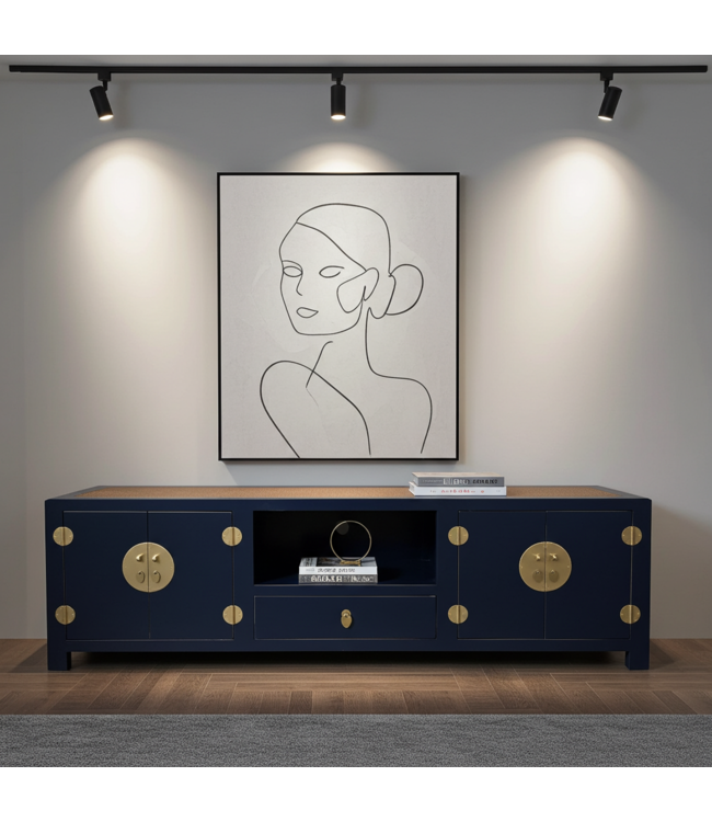 Meuble TV Chinois Bambou Tressé Bleu Nuit L190xP56xH56cm