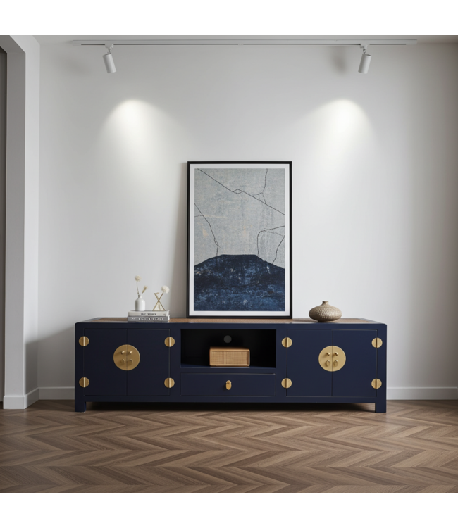Chinese TV Kast Handgevlochten Bamboe Midnight Blauw B190xD56xH56cm