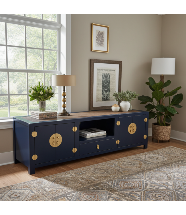 Chinese TV Kast Handgevlochten Bamboe Midnight Blauw B190xD56xH56cm