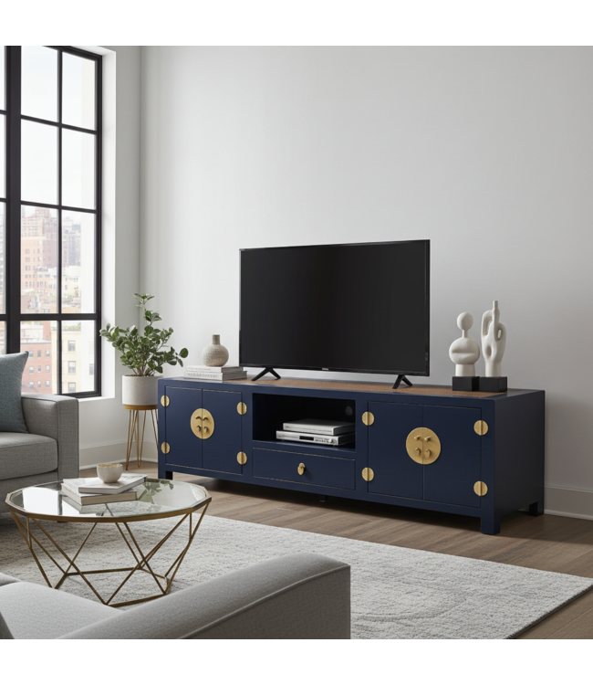Chinesisches TV Lowboard mit Handgeflochtenem Bambus Nachtblau B190xT56xH56cm