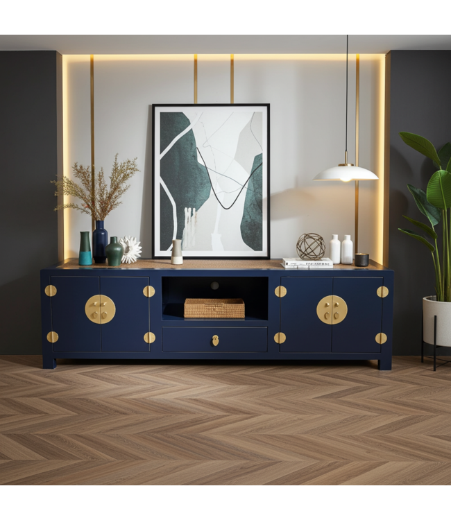 Meuble TV Chinois Bambou Tressé Bleu Nuit L190xP56xH56cm