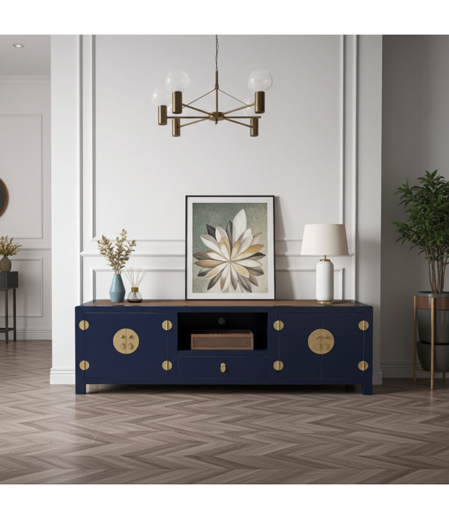 Meuble TV Chinois Bambou Tressé Bleu Nuit L190xP56xH56cm
