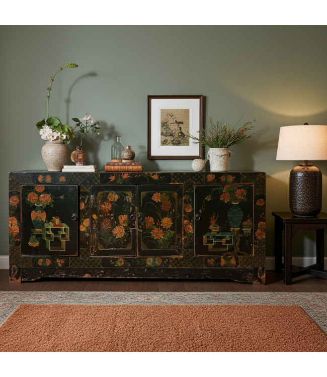 Antique Chinese Sideboard Black Handpainted W173xD45xH75cm