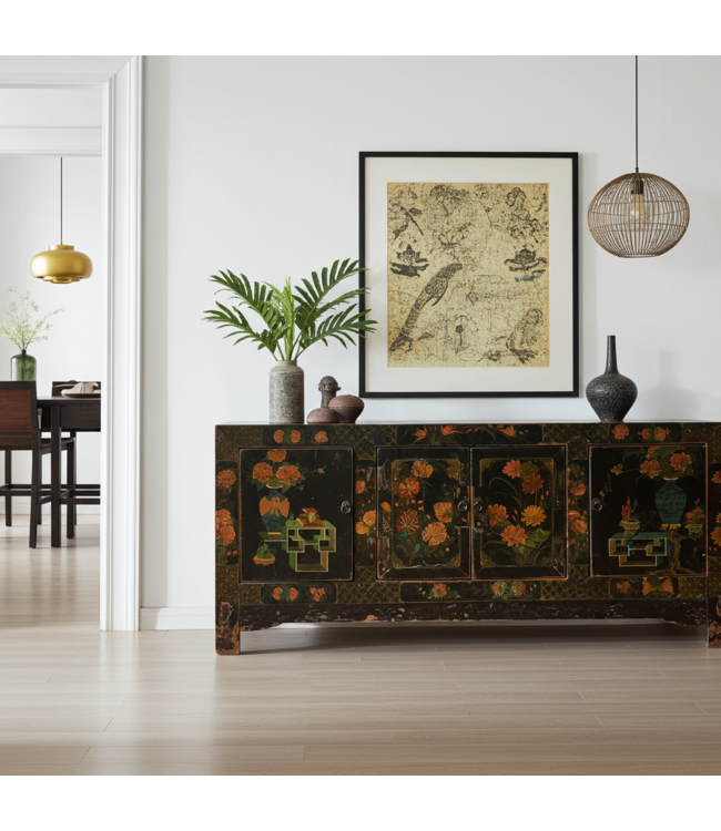 Buffet Chinois Ancien Noir Peint à la Main L173xP45xH75cm