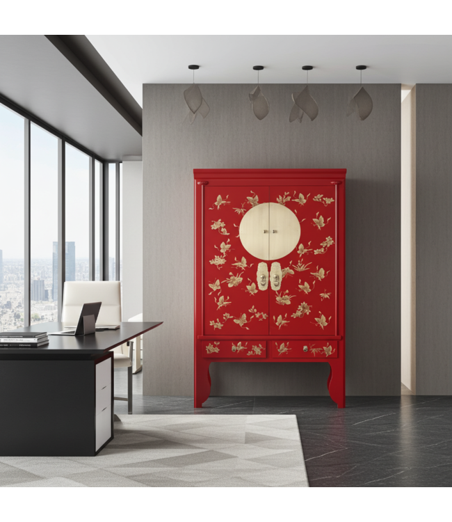 Chinesischer Hochzeitsschrank Lucky Rot Handbemalt - Orientique Kollektion B100xT55xH175cm
